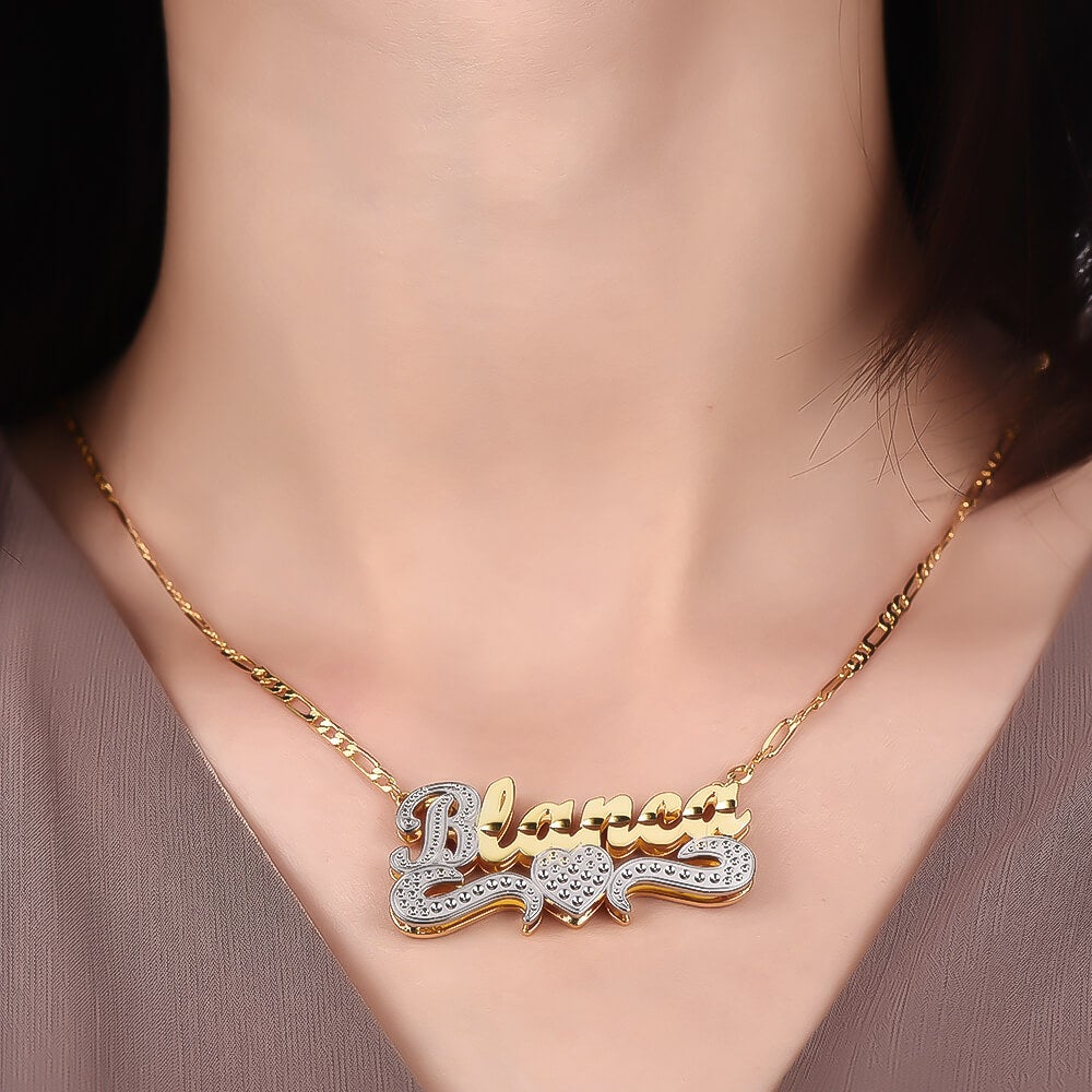 Double Layer Two Tone Nameplate Heart Personalized Custom Gold Plated Name Necklace-silviax