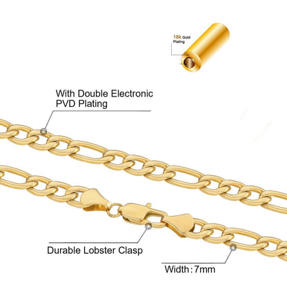 7mm Figaro Chain Necklace Gold Plated Hip Hop Rapper Chain Necklace for Men Women-silviax