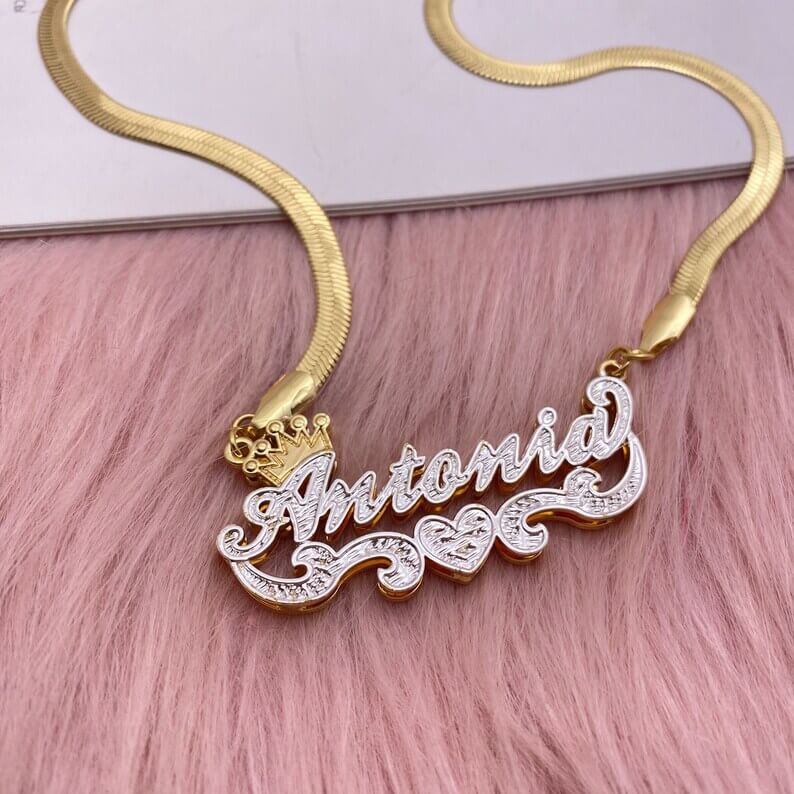 Double Layer Two Tone Crown Heart with Snake Chain Personalized Custom Gold Plated Name Necklace