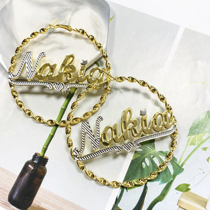 Two Tone Heart Personalized Custom Gold Plated Hoop Name Earrings