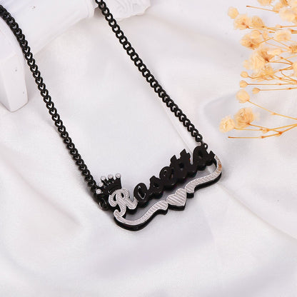 Double Layer Two Tone With Crown And Heart Black Nameplate Personalized Custom Name Necklace-silviax