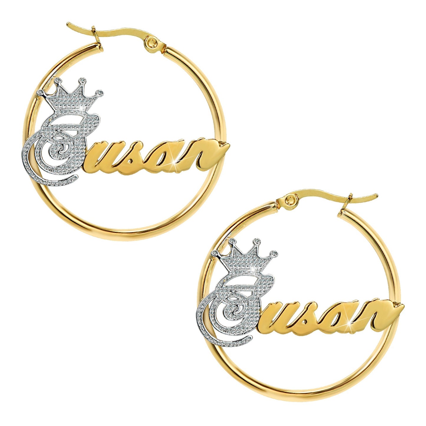 Gold Plated Personalized Two Tone Hoop Name Earrings with Crown-silviax