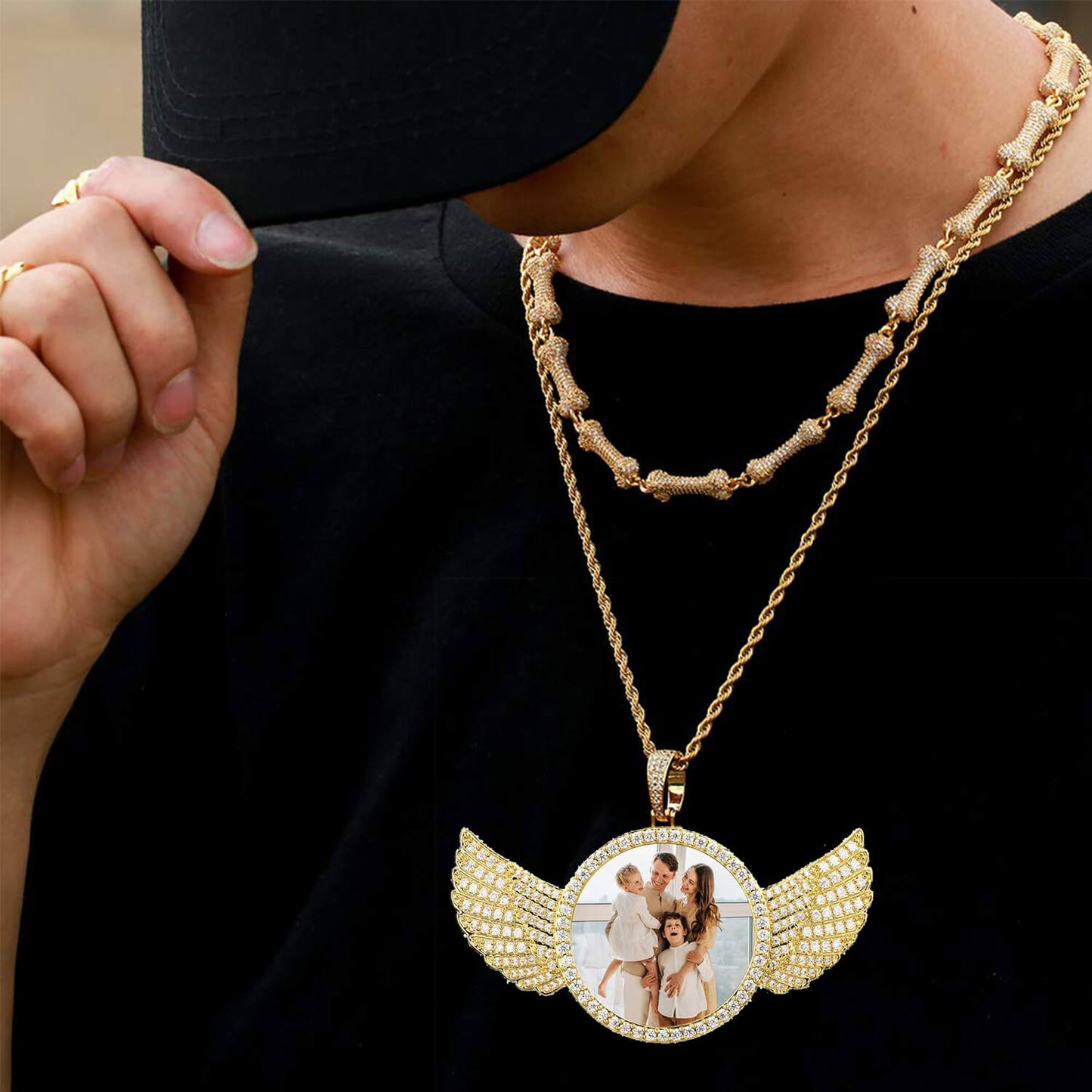 Angel Wing Round Pendant Hip Hop Lettering Custom Photo Necklace Gold Plated-silviax