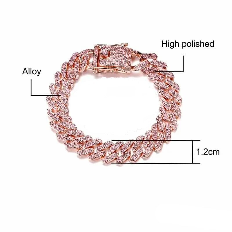 12MM Rose Gold Cuban Chain 2 Row Iced Out Bling Rhinestone Zircon Paved Bracelet-silviax