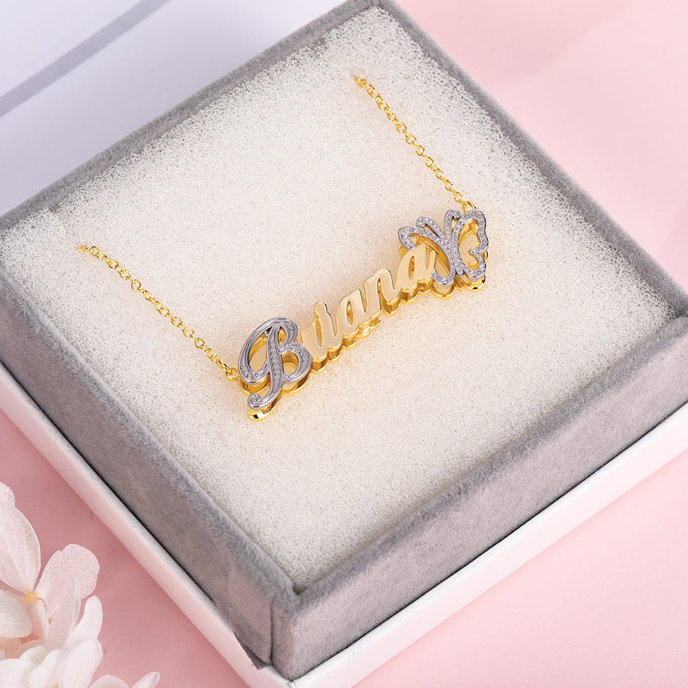 Double Layer with Butterfly Personalized Custom 3D Name Necklace Customized Gift for Women-silviax