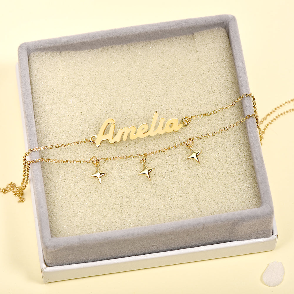 Gold Plated Personalized Double Layer Little Stars Pendant Name Bracelet-silviax