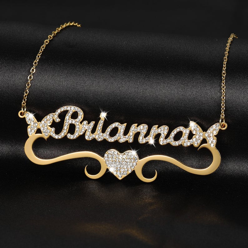 Double Butterfly Love Heart Personalise Custom Gold Plated  Name Necklace-silviax