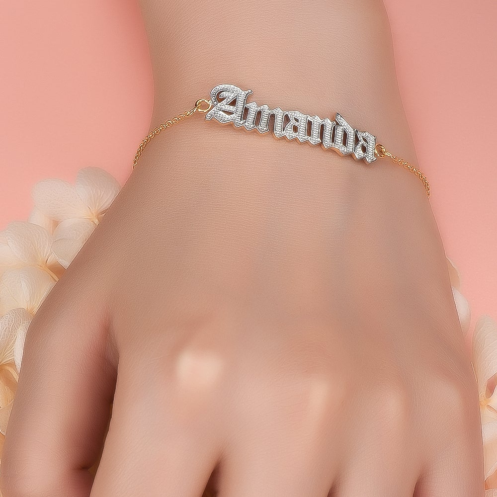 Gold Plated Personalized Old English Font Two Tone Name Bracelet-silviax