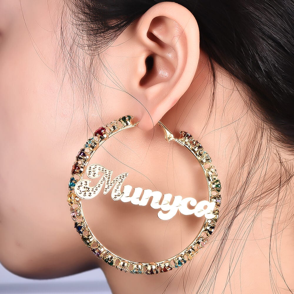 Colorful Hoop Earrings Personalized Custom Gold Plated Name Earrings-silviax