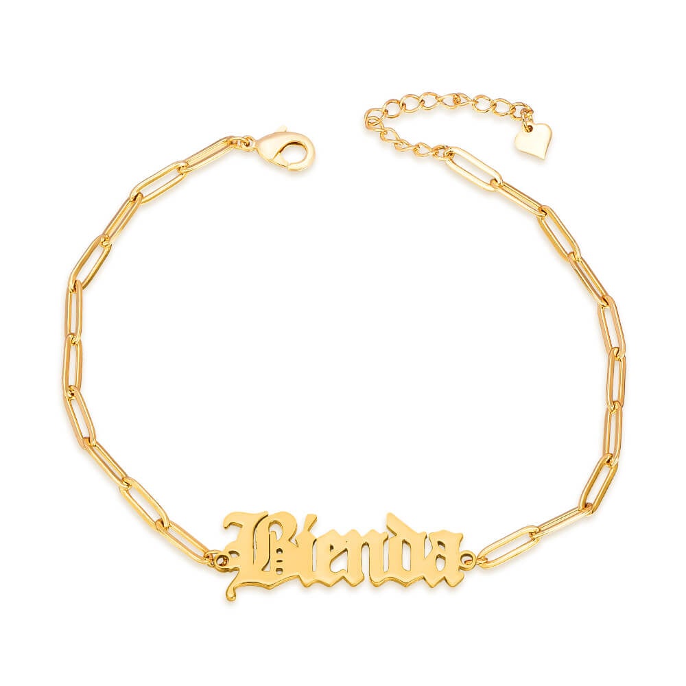 Old English Font With Lattice Chain Personalized Custom Gold Plated Name Bracelet