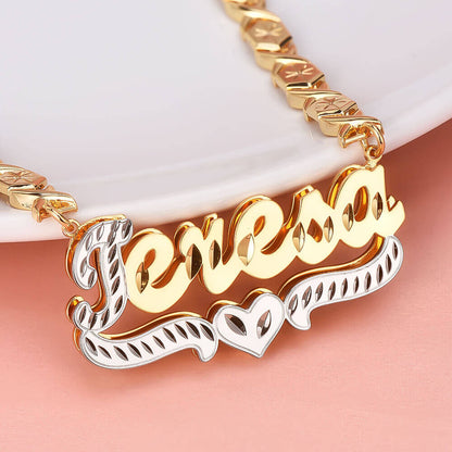 XOXO Chain Personalized Double Layer Gold Plated Name Necklace with Heart -silviax