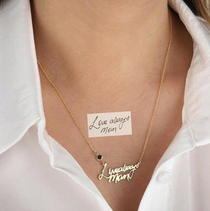 Personalized Signature with Birthstone Gold Plated Custom Handwriting Necklace-silviax