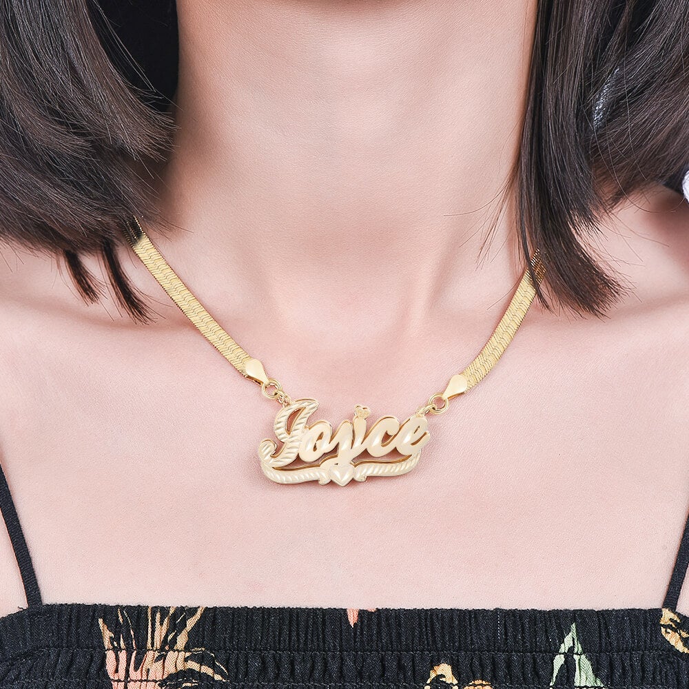 Double Layer Nameplate With Heart Pendant Personalized Custom Gold Plated Name Necklace Snake Chain-silviax