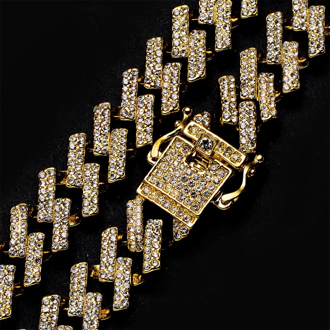 13mm Cuban Link Chain Iced Out Bling Hip Hop Prong Necklace Gold Plated Rhinestone Clasp Jewelry for Men Women