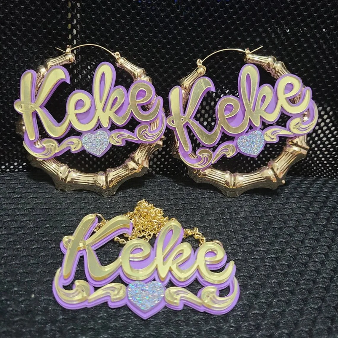 Purple Color Acrylic Jewelry Set Personalized Custom Name Necklace Bamboo Hoop Earrings Set-silviax