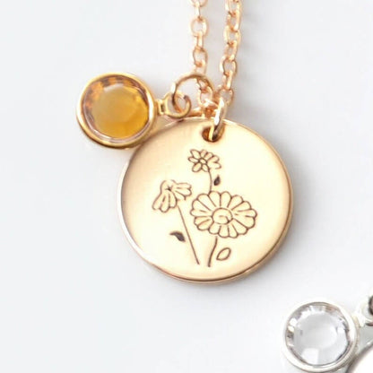 Birth Flower with Birthstone Personalized Necklace Custom Gold Plated Round Plate Engraved Necklace-silviax