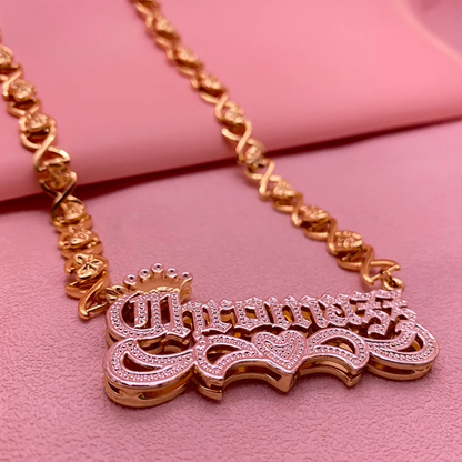 Double Layer Two Tone Nameplate Crown Heart with XOXO Chain Custom 3D Name Necklace-silviax