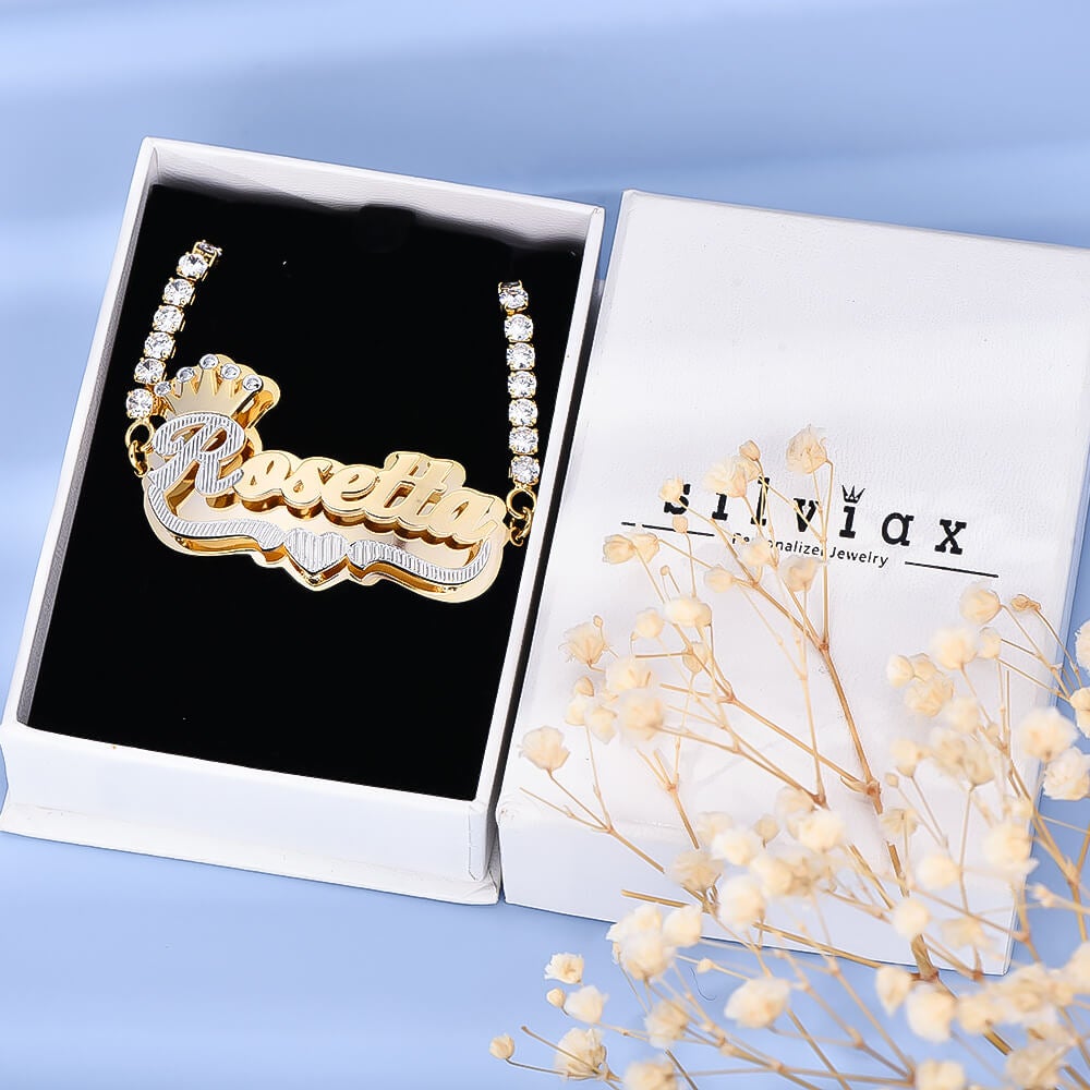 Double Plate Two Tone Crown Heart Nameplate with Tennis Chain Personalized Custom Gold Plated Name Bracelet-silviax