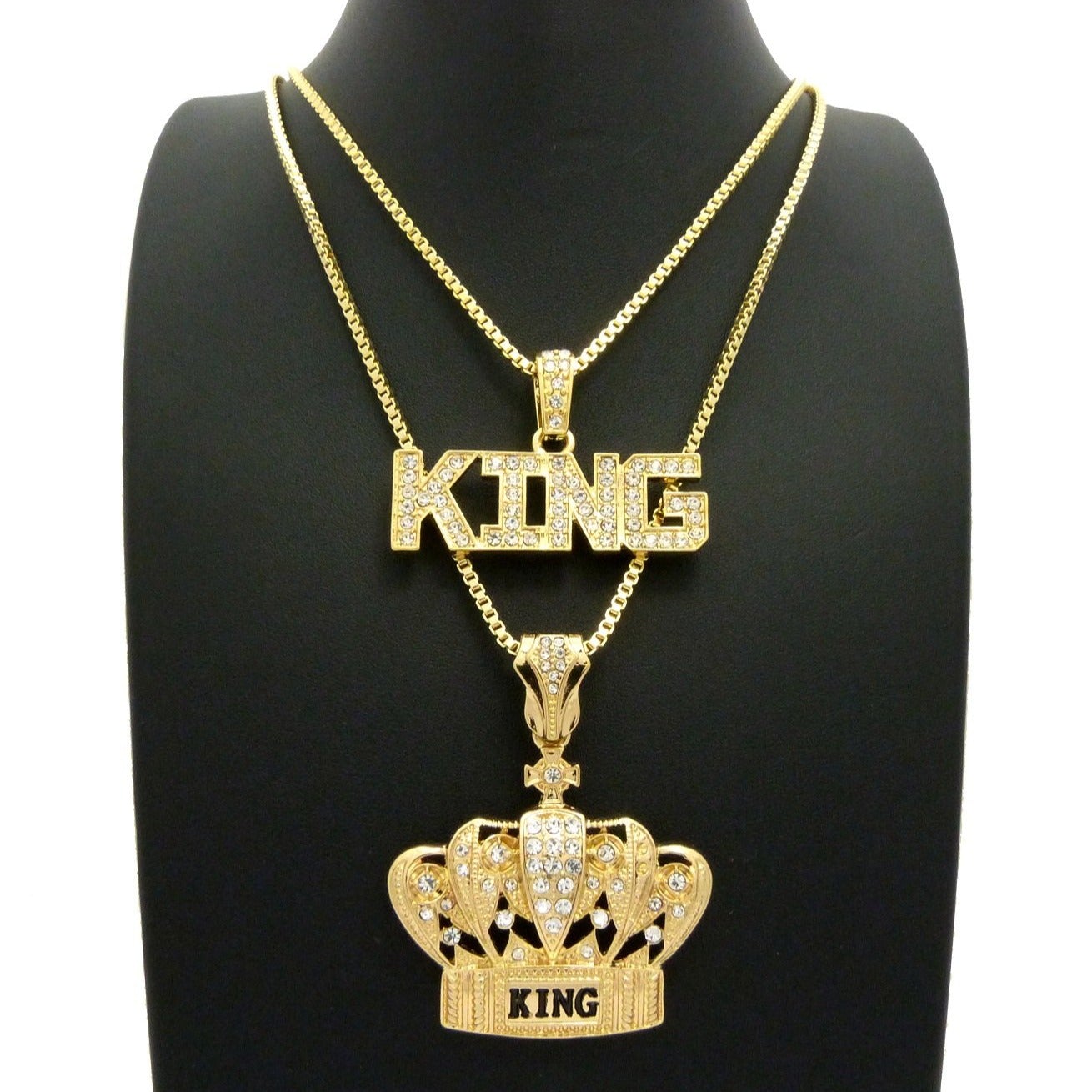 King and Crown Pendants Sets Hip Hop Icy Bling Stoned Gold Tone Plated Necklace