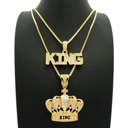 King and Crown Pendants Sets Hip Hop Icy Bling Stoned Gold Tone Plated Necklace