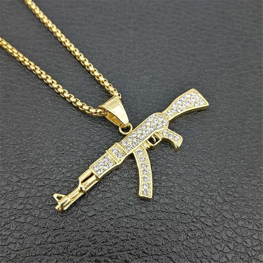 Hip Hop Iced Out Rhinestones Gold Plated AK47 Gun Pendant  Necklace