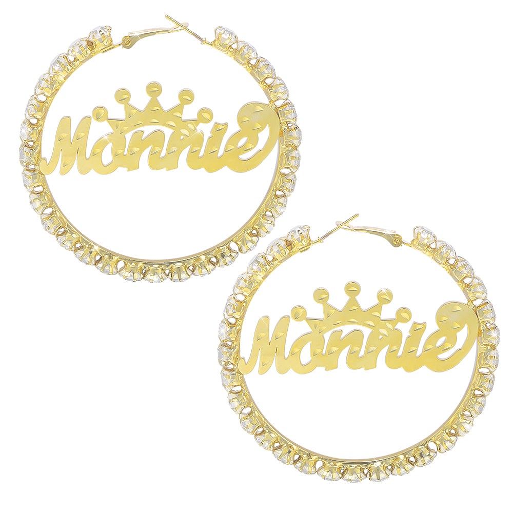 Gold Plated Personalized Hoop Name Earrings with Crown-silviax