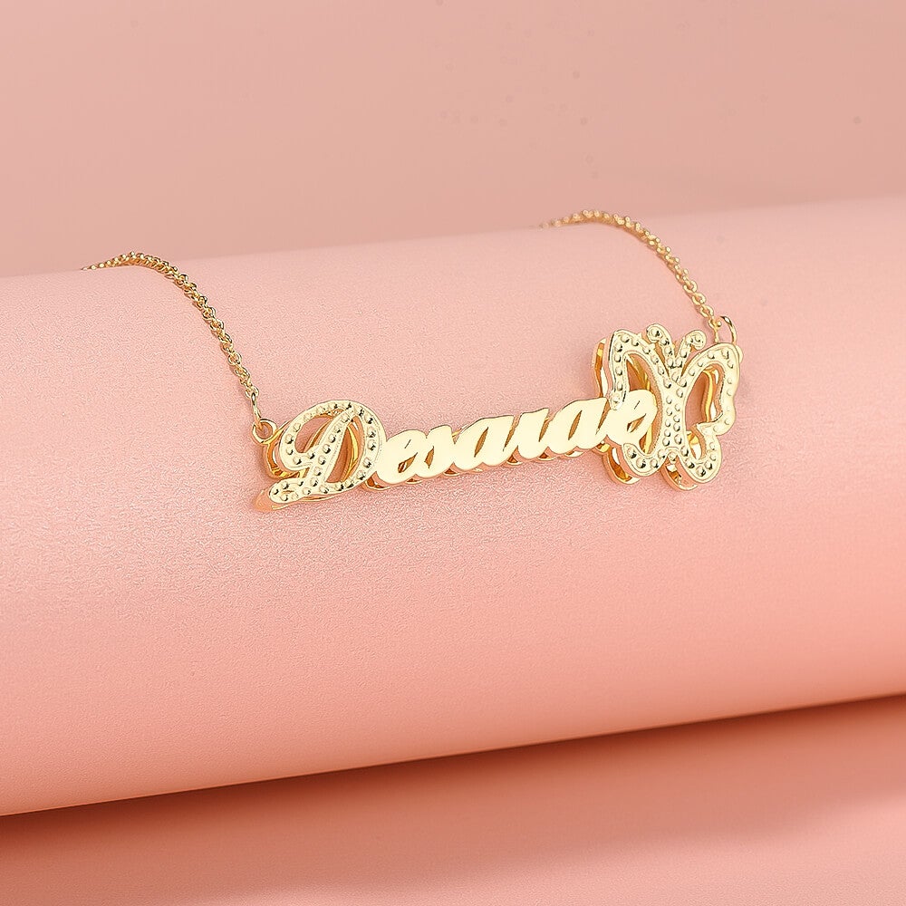 Double Layer with Butterfly Personalized Custom 3D Name Necklace Gold Plated Jewelry-silviax