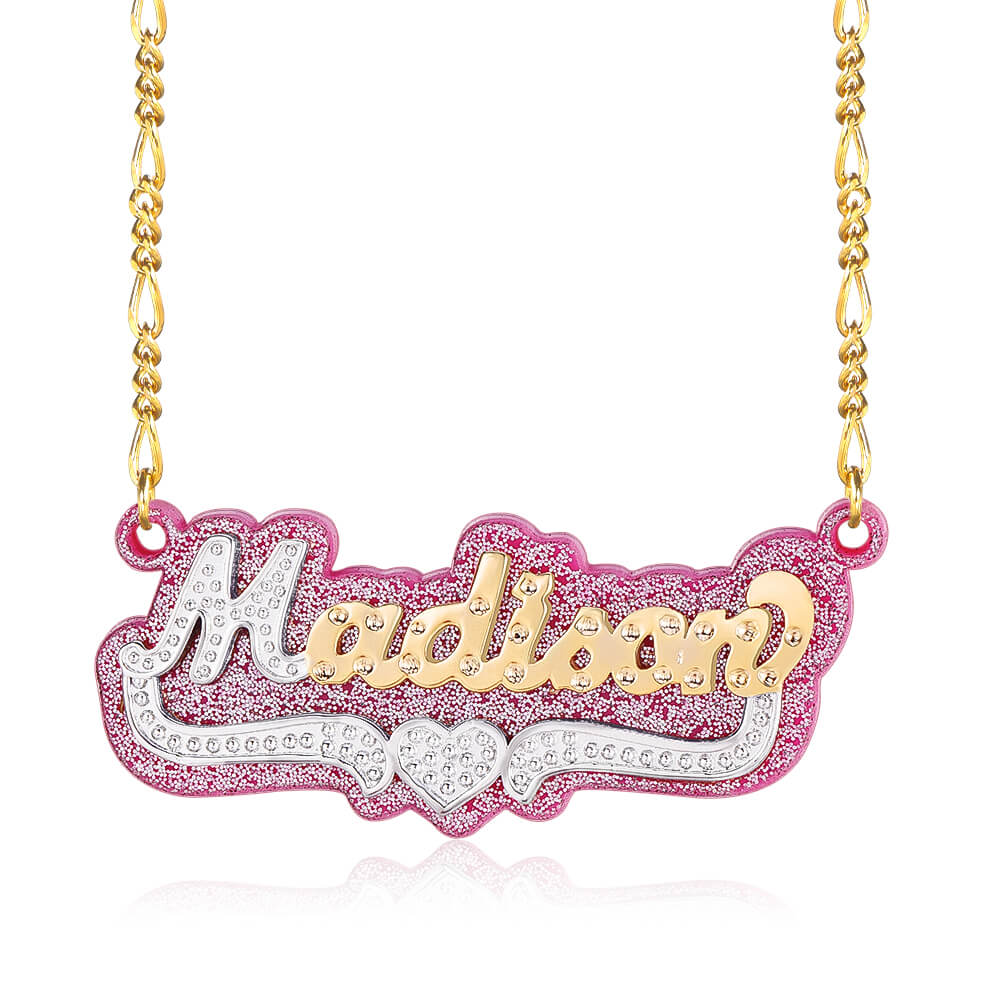 Double Layer Pink Acrylic Two Tone Custom Gold Plated Name Necklace with Heart