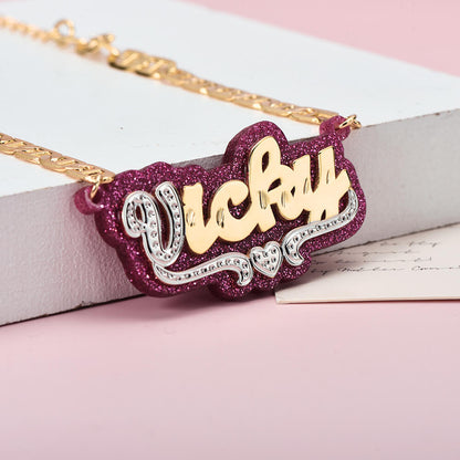 Pink Acrylic Double Layer Two Tone Heart Personalized Custom Gold Plated Name Bracelet-silviax