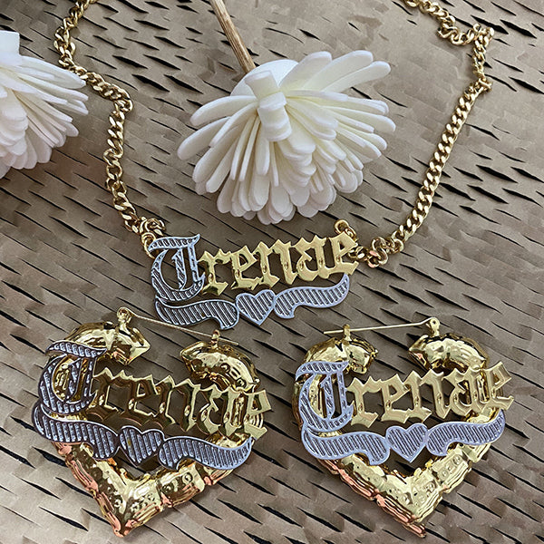 Old English Nameplate with Heart Personalized Name Necklace Heart Bamboo Earrings Set-silviax