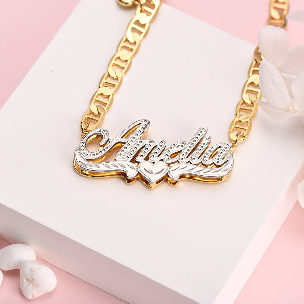 Mariner Chain with Heart Personalized Double Layer Heart Name Necklace-silviax