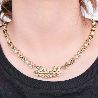 Custom Teddy XOXO Chain Double Layer Heart Name Necklace and Heart Name Bamboo Earrings Set