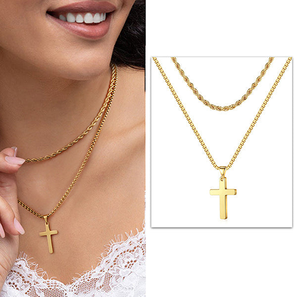 Double Layer Rope Chain Cross Pendant Necklace for Men Women-silviax