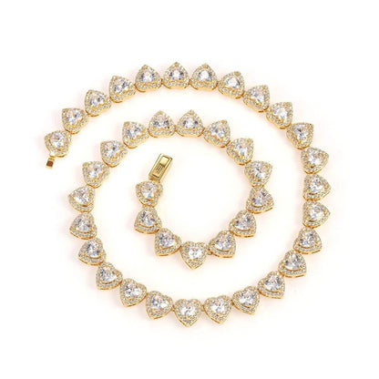 10mm White Heart Shaped Zircon Chain Gold Plated Necklace Hip Hop Style Jewelry-silviax