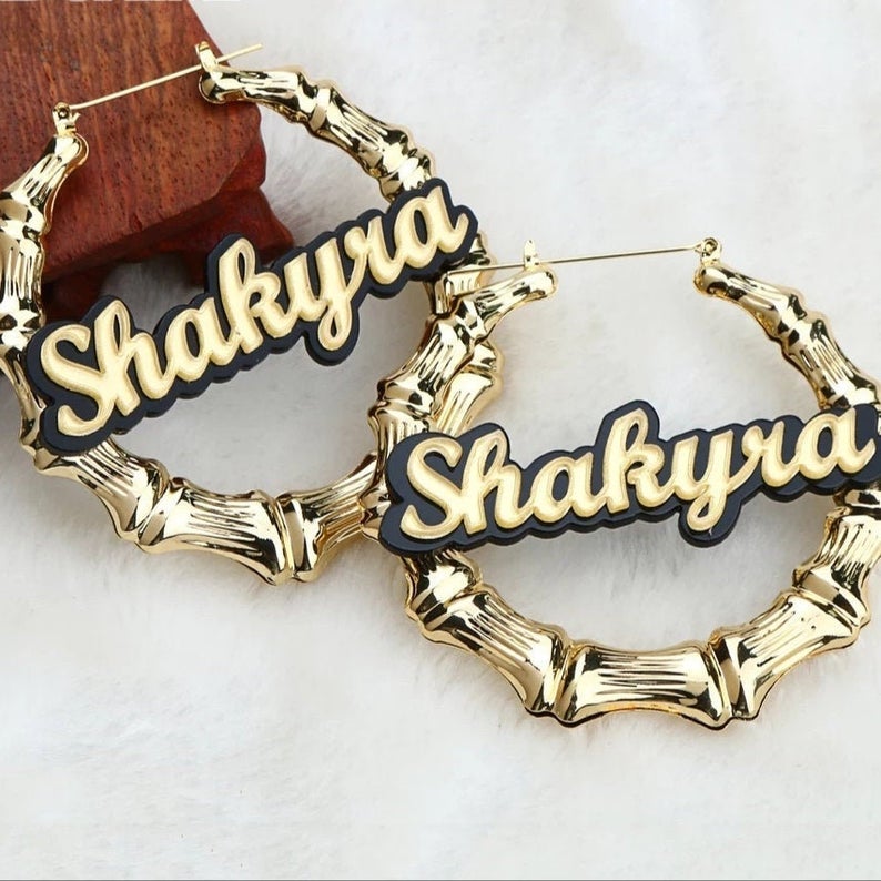 Double Plate Two Tone Acrylic Personalized Custom Bamboo Name Earrings-silviax