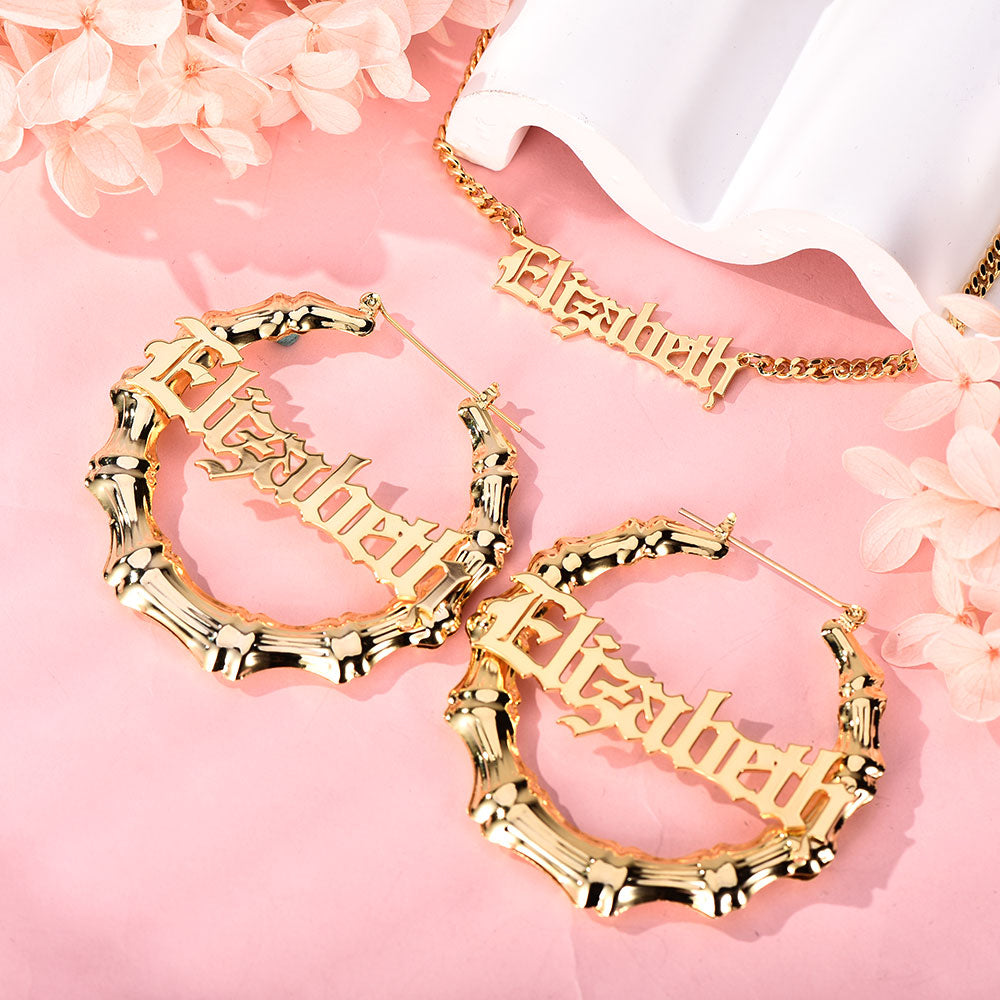 Old English Style Jewelry Set Personalized Name Necklace Bamboo Earrings Set-silviax