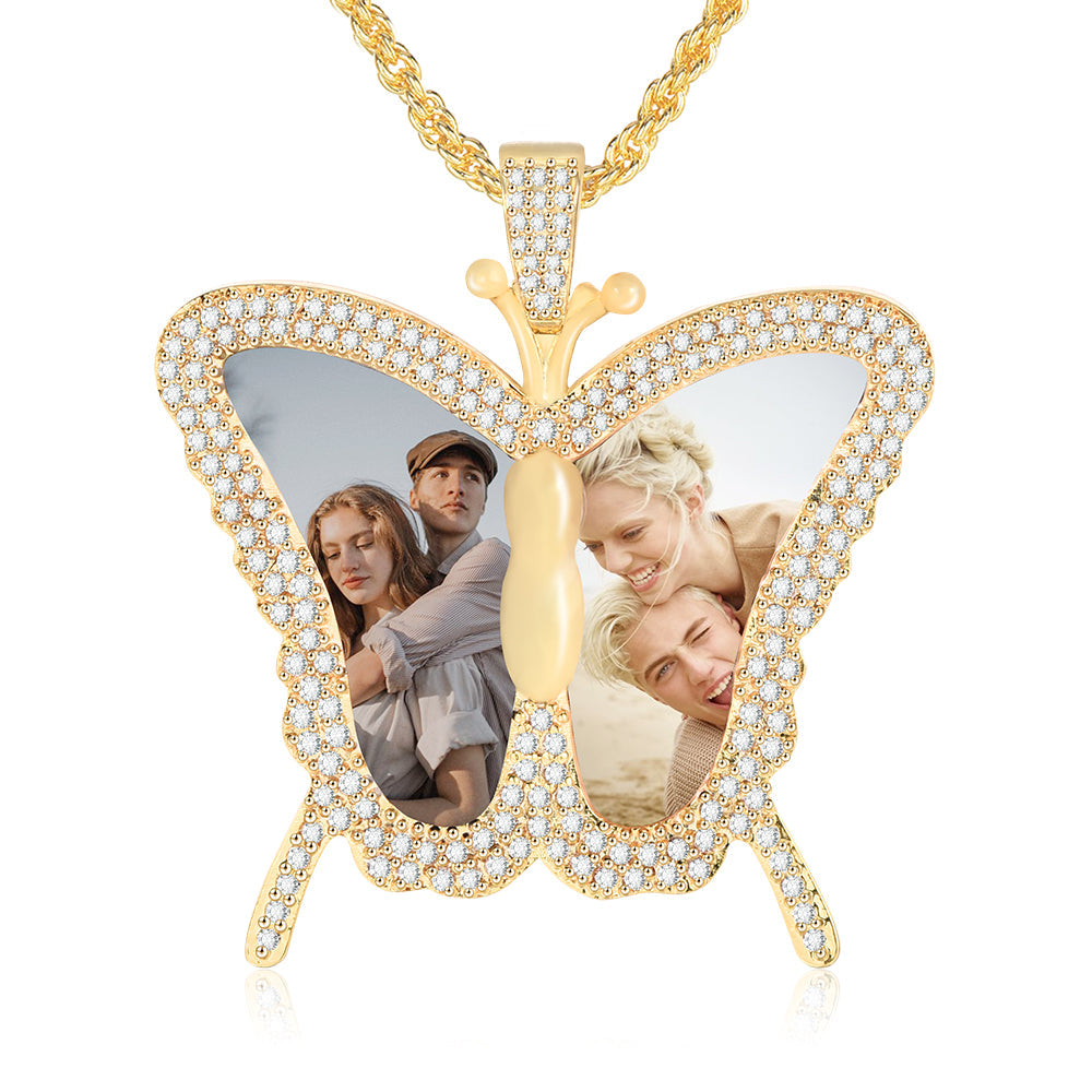 Butterfly Shaped Personalized Gold Plated Two Photo Necklace