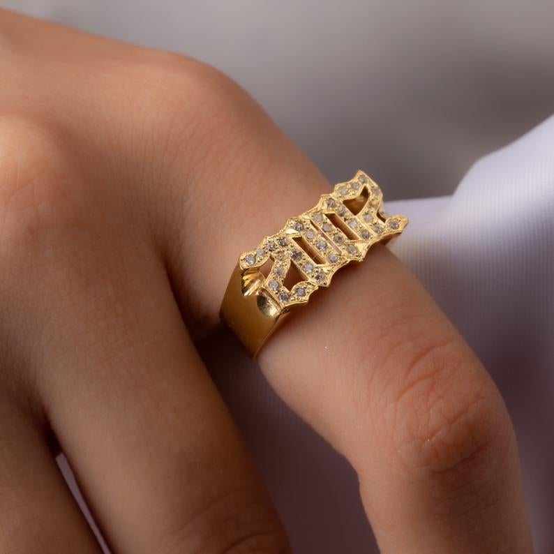 Gold Plated Personalized Gothic Crystal Year Ring-silviax