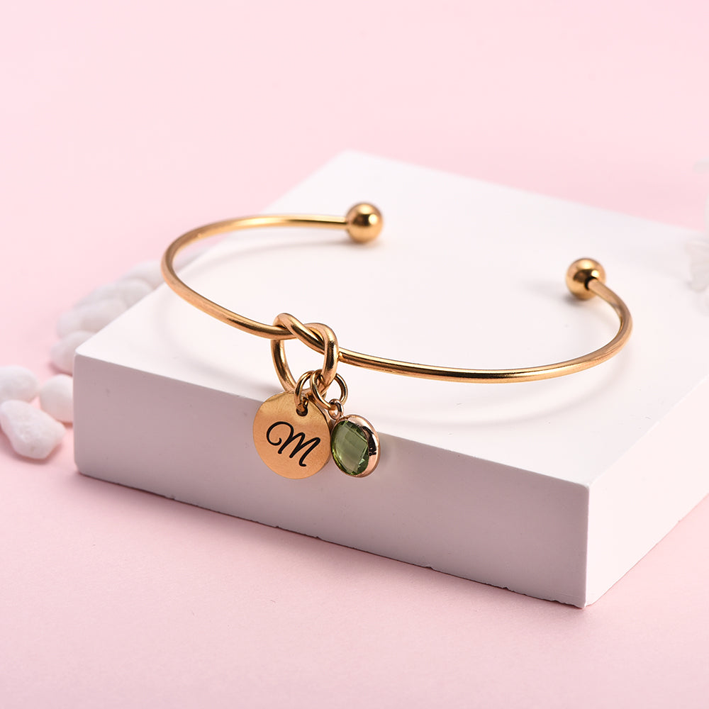 Personalized Birthstone Engraved Letter Name Charm Bangle Bracelet-silviax