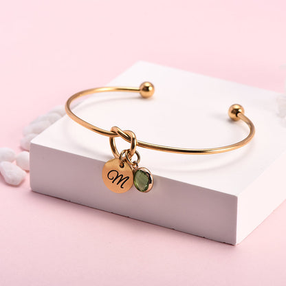 Personalized Birthstone Engraved Letter Name Charm Bangle Bracelet-silviax