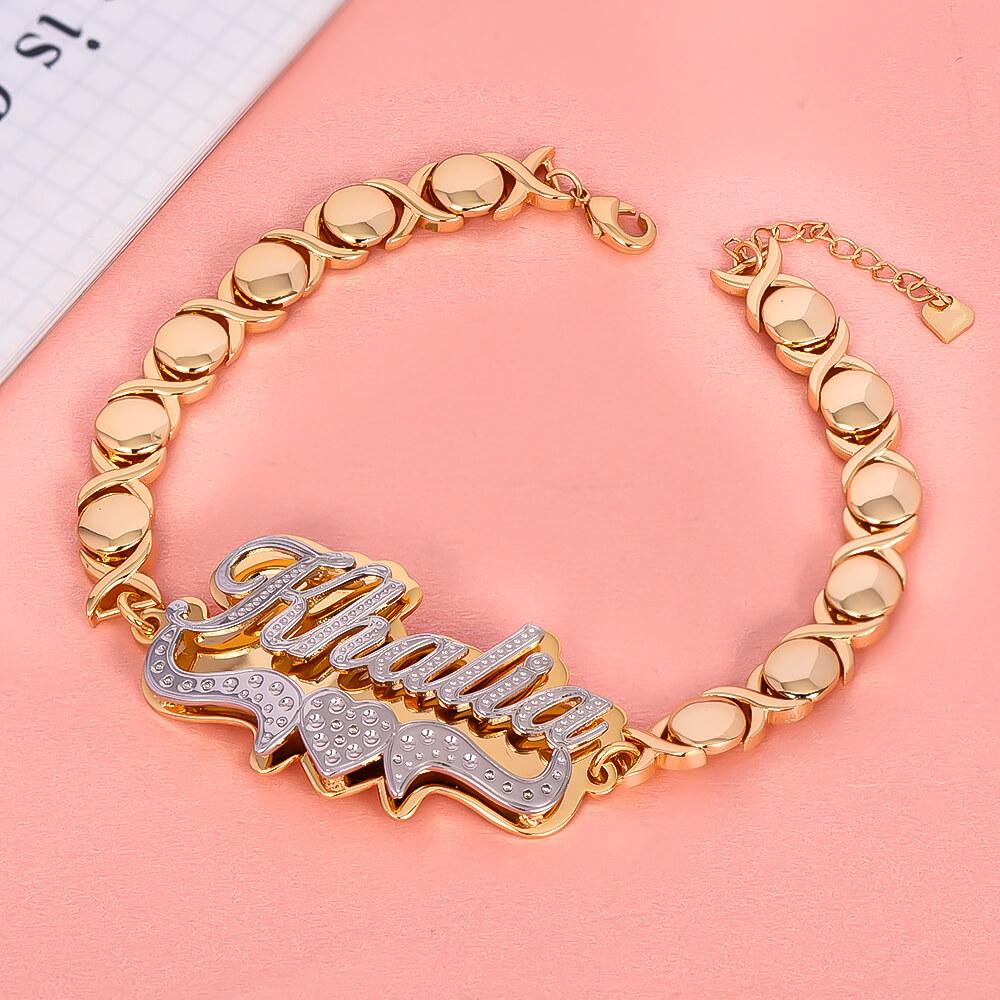 Double Plate Two Tone Heart Nameplate Personalized Custom Gold Plated Name Bracelet XOXO Chain-silviax