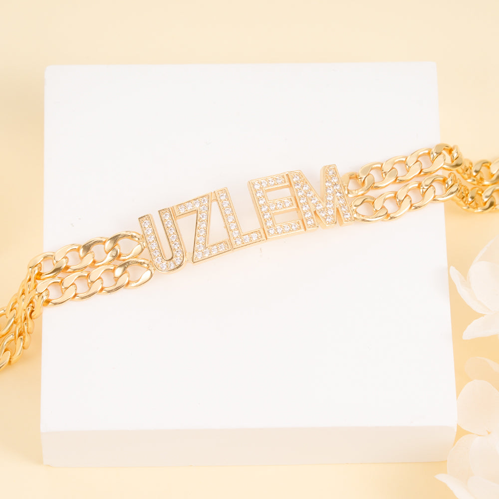 Double Chain with Rhinestones Gold Plated Personalized Custom Name Bracelet-silviax