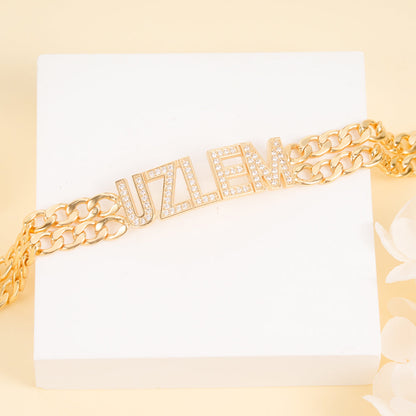 Double Chain with Rhinestones Gold Plated Personalized Custom Name Bracelet-silviax