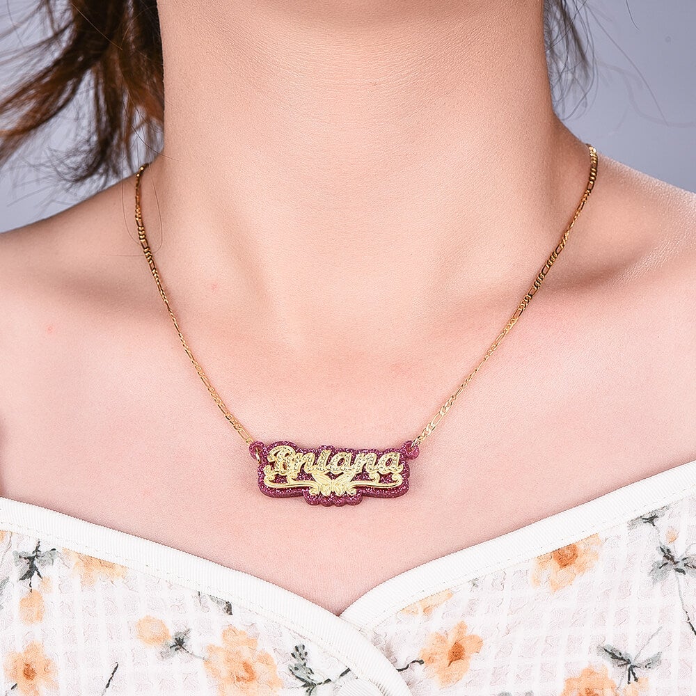 Double Plate Pink Acrylic Butterfly Personalized Custom Gold Plated Name Necklace-silviax