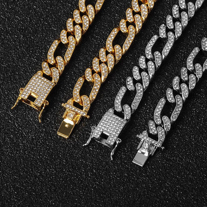 13mm Figaro Link Chain Iced Out Paved Rhinestones Gold Plated Necklace-silviax