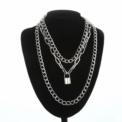 Layered Chain Lock Pendant White Gold Plated Necklace Punk Goth Choker Jewelry-silviax