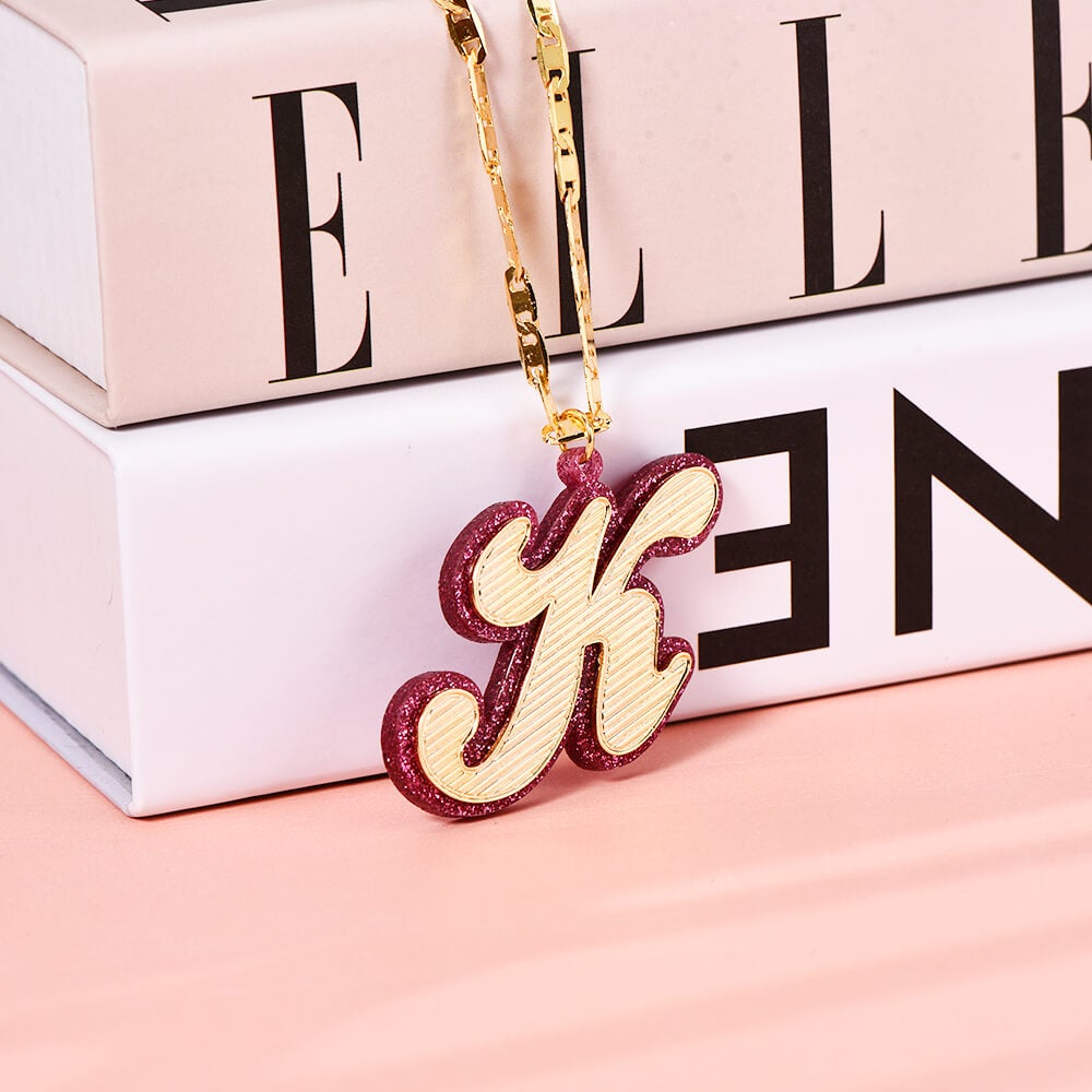 Pink Acrylic Capital Letter Gold Plated Personalized Custom Initial Necklace-silviax