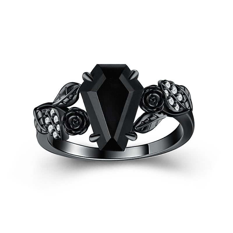 Dark Night Rose Coffin Cut Engagement Ring For Women In Sterling Silver-Maxinejewelry