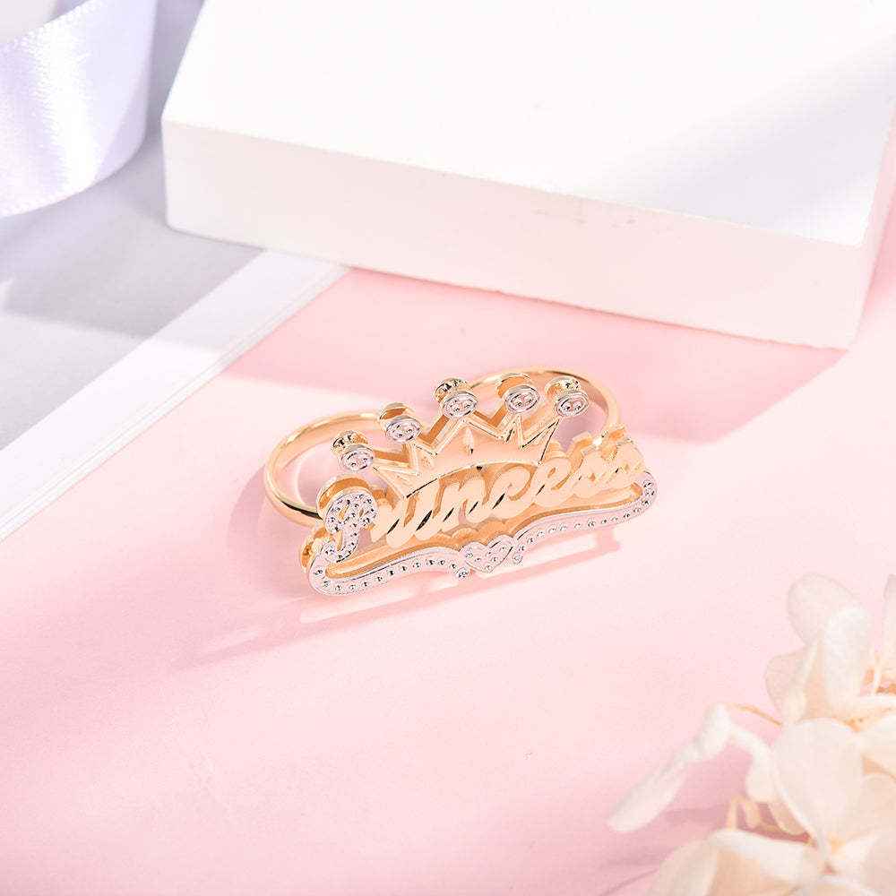 Double Layer Two Tone Two Finger with Crown Heart Personalized Custom Gold Plated Name Ring-silviax