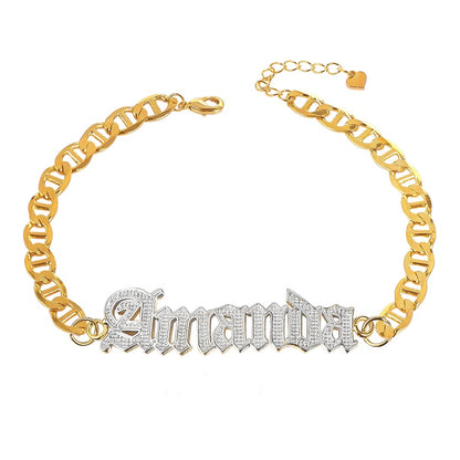 Gold Plated Personalized Old English Font Two Tone Name Bracelet-silviax